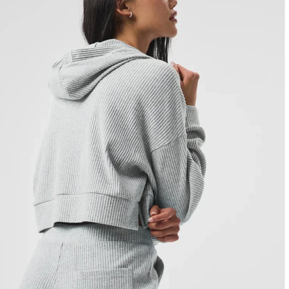 NWT‎ ALO Yoga Muse Hoodie Athletic Heather Grey Ribbed Size XS